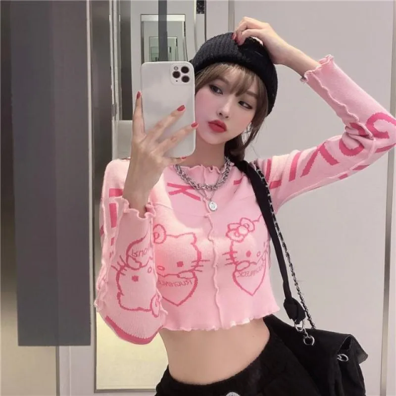 Hello Kitty Cute Knitted Sweater T shirt Fashion Short Jacket Women Warm Top 2022 New | Женская одежда