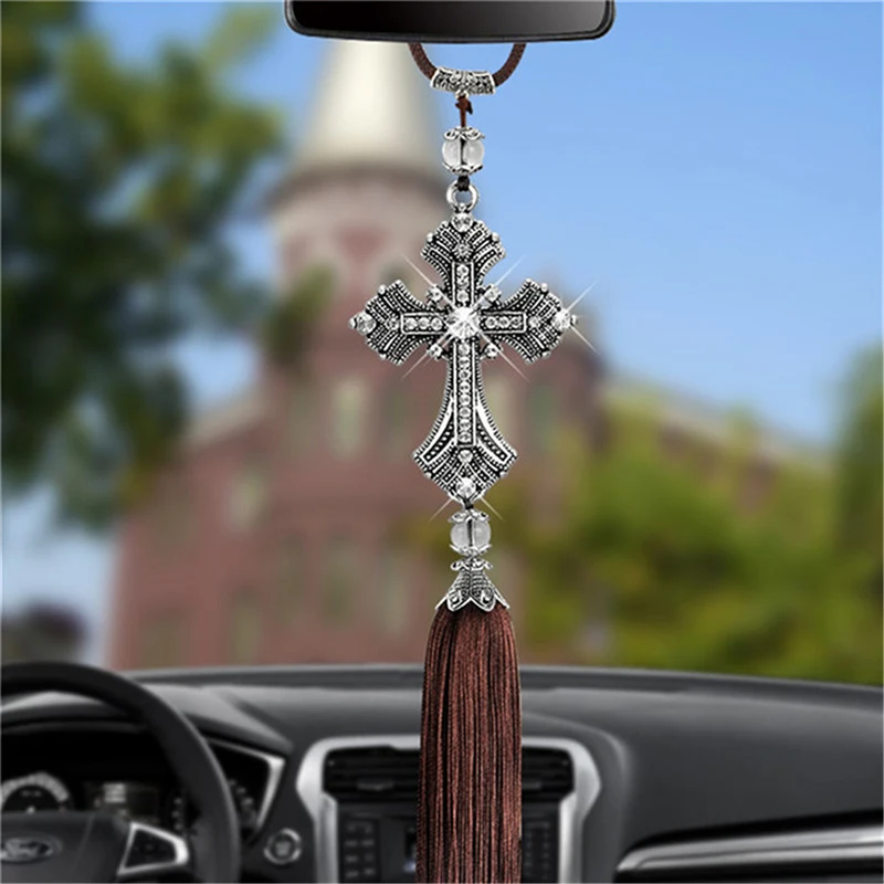 

Car Pendant Diamond Crystal Cross Jesus Ornaments Christian Auto Rear View Mirror Ornaments Hanging Suspension Decoration 1PC