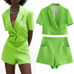 Za ternos 2 peça terno nova moda simples fruta verde escritório feminino ternos casuais chique magro ternos curto terno da juventude