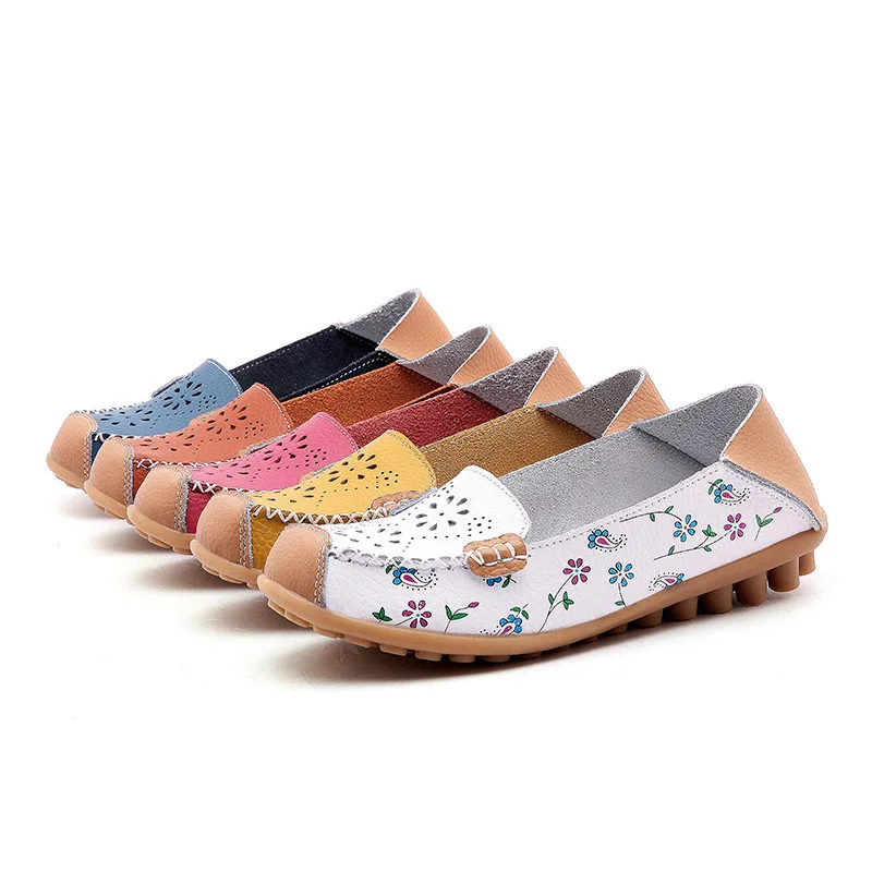 

2018 Spring New Hollow Leather Mother Shoes Two Wear Printed Peas Shoes Comfortable Wear-Resistant Shoes Women Shoes