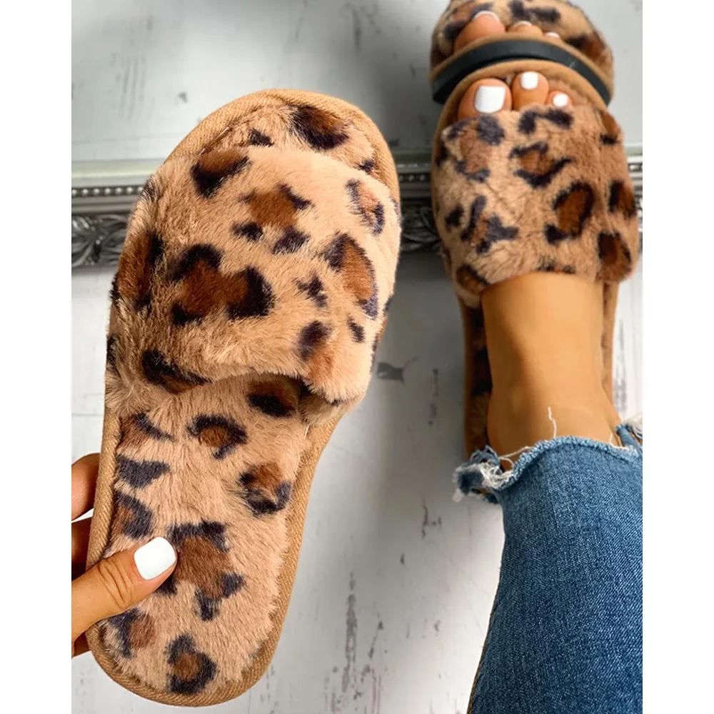 

2020 Lady Leopard Plush Slip On Slippers Open Toe Flat Home Slippers Fashion Autumn Winter Warm Furry Walking Shoes For Women