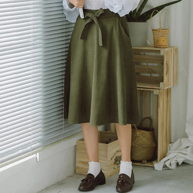 Осень Зима Женская длинная юбка с высокой талией с бантом Ретро дикая юбка корейская мода женский тонкий галстук-бабочка милые женские миди юбки - Цвет: Армейский зеленый