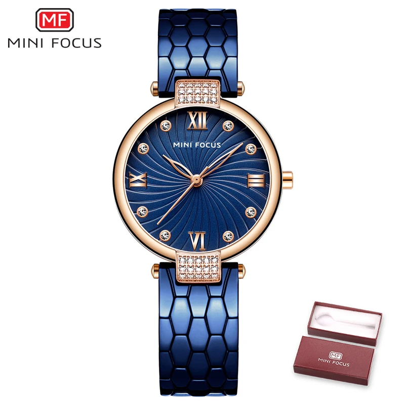 Мини фокус модное платье женские часы кварцевые аналоговые часы кристалл украшение черный/синий женские часы брендовые Роскошные модные часы - Цвет: blue