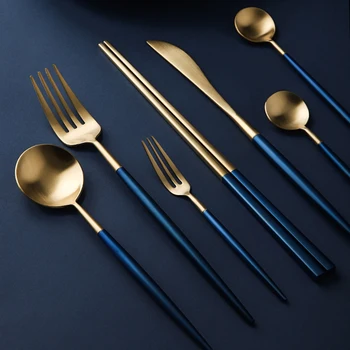 

Blue Gold Plated Stainless Steel Cutlery Steak Knife And Fork Tbsp Chopsticks Long Handle Coffee Dessert Spoon Tableware