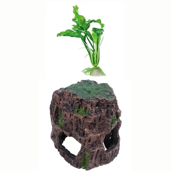 

1 Pcs Cottage Cave Stone Rock Cave for Fish Tank & 2 Pcs Green Artificial Grass Plastic Fish Tank Ornament