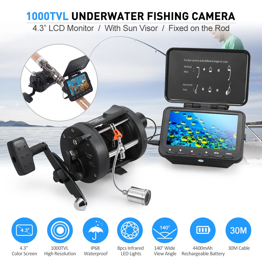 Fish Finder Underwater Ice Fishing Camera with Trolling Reel 4.3 LCD  Monitor 8 Infrared IR LEDs Night Vision Camera