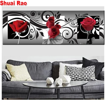 

Large size 5D Round Diamond Painting"Black and White Red Rose"Full Square Embroidery Mosaic Cross Stitch Flowers Gift