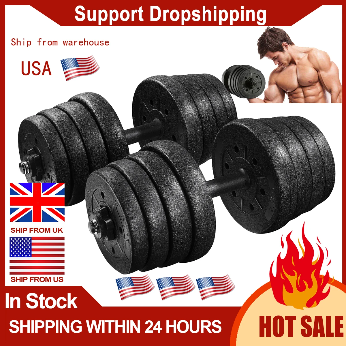 US $41.99 30kg Dumbbell Weight Set With 16 Dumbbell Plates 2 Extension Bars 4 Nuts Adjustable Fitness Barbell Gym Equipment Training Tools