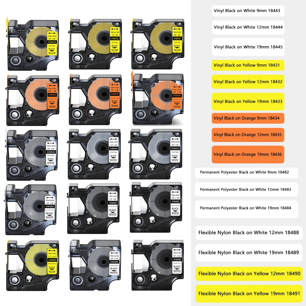 Fitas de Nylon do Vinil para Dymo Rhino Label Maker Ind Industrial Poliéster Preto no Branco Amarelo 18443 18444 18445 mm 12 mm 19 mm