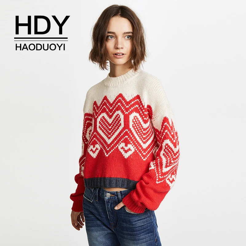 

HDY Haoduoyi Fashion Contracted Joker Sweet Contrast Color Love Knitting Sexy Round Neck Soft Warm Slim Jumper Knitted Sweaters