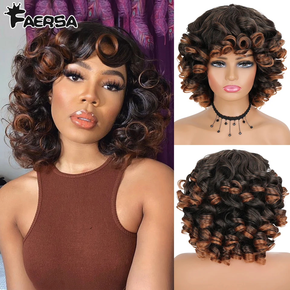 Tanie Krótkie włosy Afro peruki z włosami kręconymi typu Kinky z grzywką dla