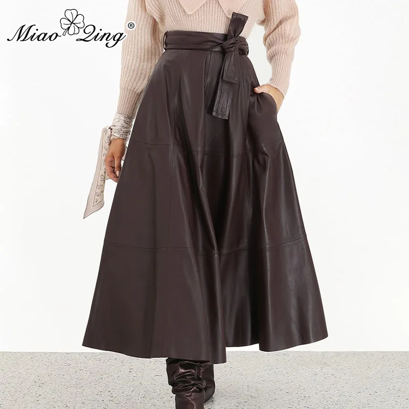 

Early autumn 2019 new Australian big shop sign high waist bow tie with soft leather long style to put a versatile skirt women