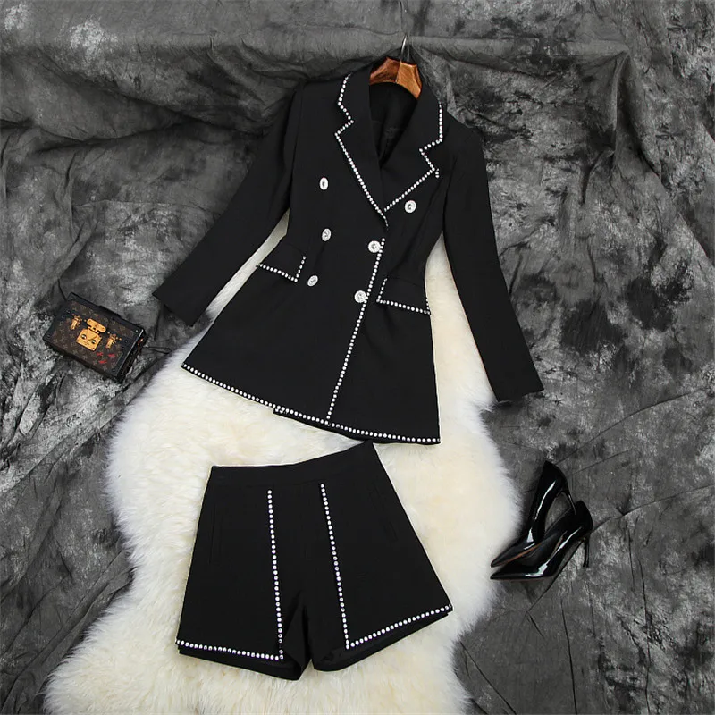 

Elegant Office Lady Business Blazer Suit Two Pieces Set Women Brand Designer Notched Diamonds Jacket and Short Set Work Outfit