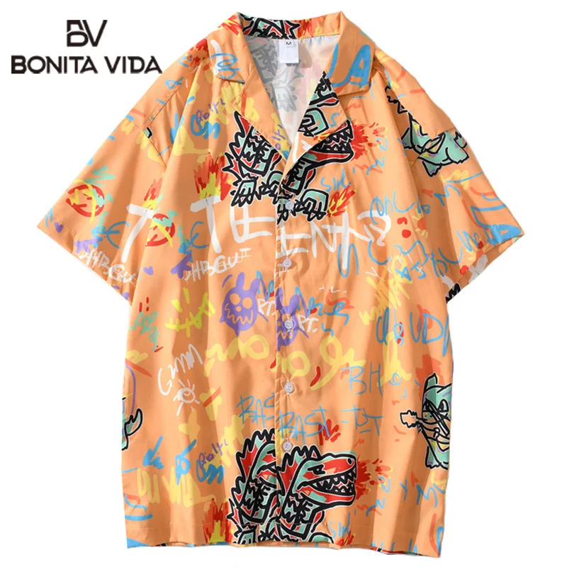 

Bonita Vida Graffiti Dinosaur Print Hawaiian Beach Shirts Streetwear Summer Hip Hop Casual Short Sleeve Aloha Camp Shirts Tops