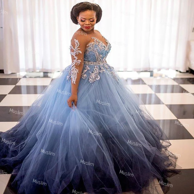 Plus Size Blue African Wedding Dresses With Rhinestone Crystal Illusion Long Sleeve A Line Tulle Gothic Wedding Dress Bride Gown - Wedding Dresses AliExpress