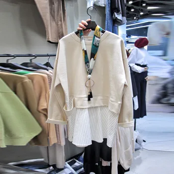 

2019 Autumn New Korean Style Hoody Women Cotton Sweatshirts Striped Stitching Sweatshirts Female Long Sleeve Casual Tops