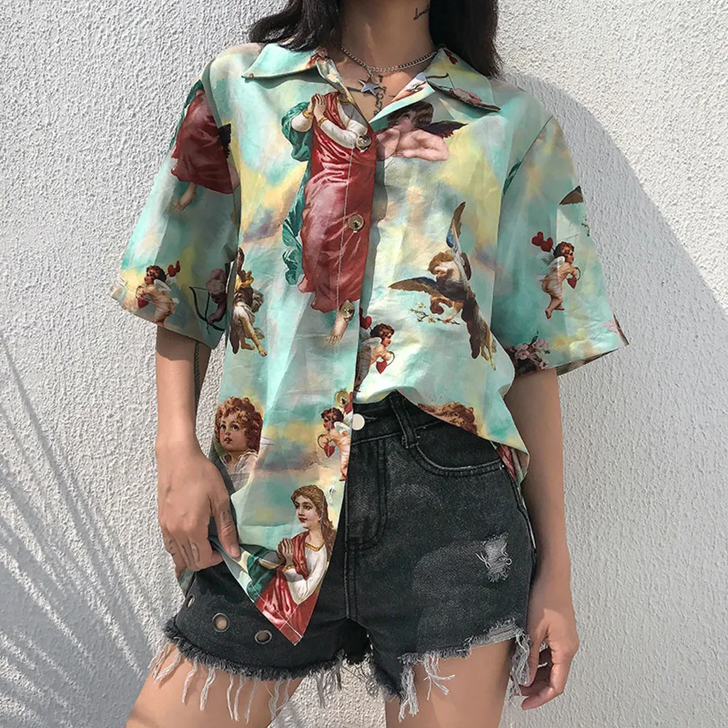 

Summer Women Shirt Angle print funny shirt women button shirts streetwear hip hop shirts women clothes