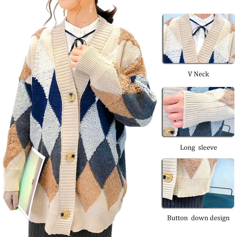 WENYUJH весенне-осенний вязаный кардиган в клетку, женский свободный свитер в Корейском стиле