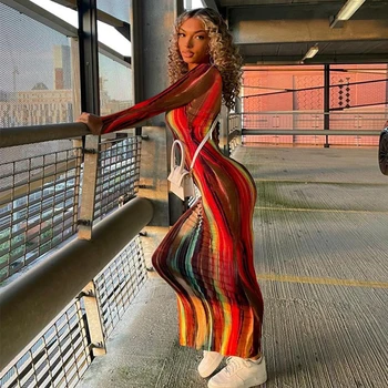 Hugcitar 2020 long sleeve colorful print V neck bodycon long dress spring women new fashion