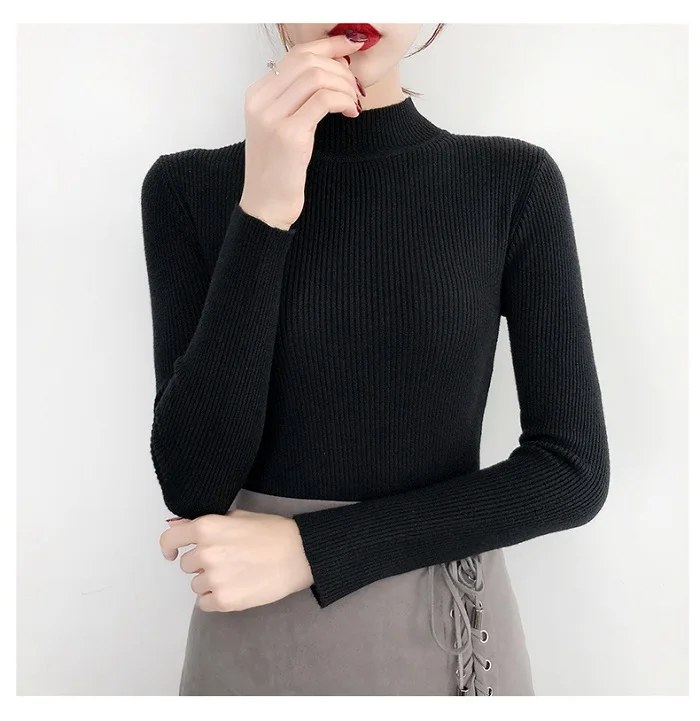 Женский Водолазка с длинным рукавом, осенний свитер, зимний базовый тонкий женский вязаный мягкий пуловер, женские эластичные топы, повседневный джемпер - Цвет: Black