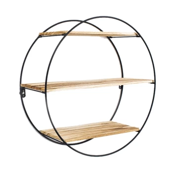 

Botique-Round Wall Unit Retro Industrial Style Wood Metal Wall Shelf Storage Decoration Home Decoration