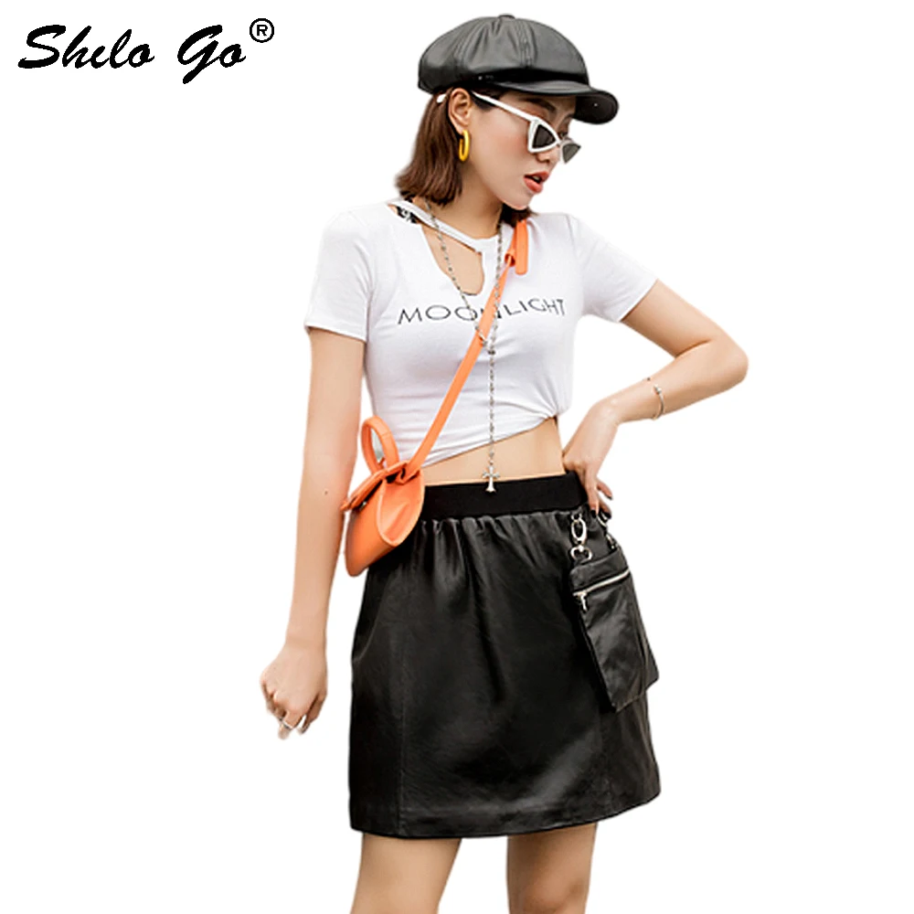 

Genuine Leather Skirts Safari Style Casual Elastic Waist Pocket Side Sheepskin A Line Skirt Women Autumn Winter High Waist Skirt