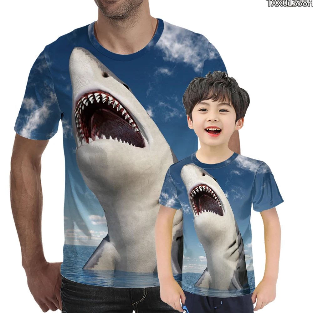 

Graphic T-shirts Men Fashion Ocean Fish Big Shark Print Set T Shirt European And American O-neck