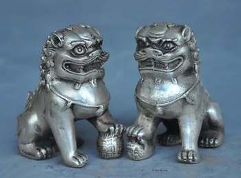 

christmas old chinese silver fengshui Foo dog lion Beast Evil Guardian Door statue pair halloween