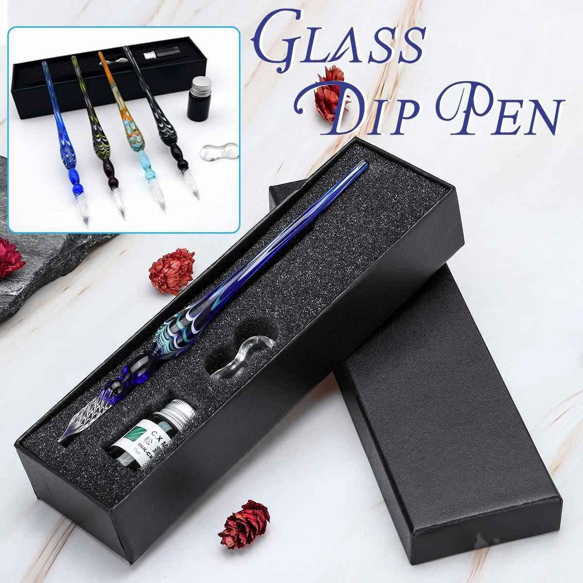 

1Set Vintage Handmade Glass Dip Pen Faux Crystal Ink Signature Pen Dip Pen Set for Writing Art Decor Christmas Gift