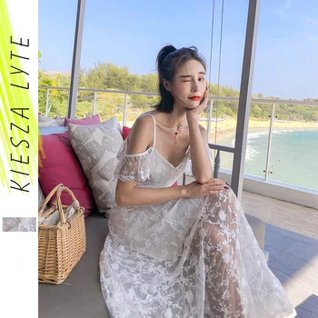 

White beach dress 2020 summer new seaside holiday fairy off the shoulder lace sexy maxi dresses
