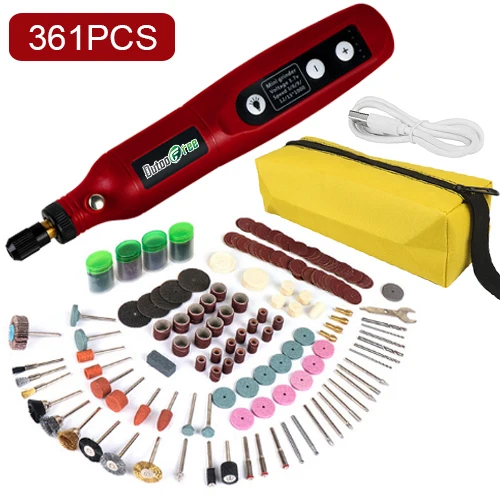 USB Mini Cordless Drill Pen Rechargeable Wireless Engraving Pen With LED Rotary Tool Dremel Electric Drill Grinding Accessories Red-361PCS
