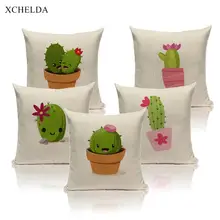 Cheap Linen Cushion Cover Beige Cut Tropical Cartoon Cactus Pattern 45*45 Home Decorative Pillow Case Pillowcase for Sofa Car Seat