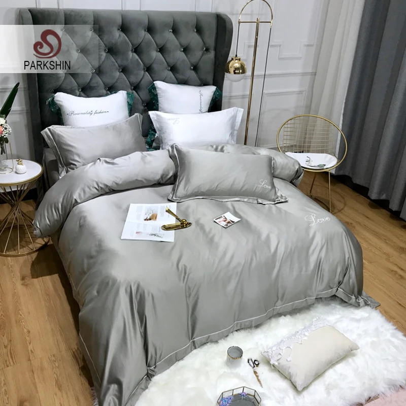 

ParkShin Luxury Gray Bedding Set Satin Silk Pure Color European Style Embroidery Bed Sheet Quilt Cover Pillowcase Duvet Cover