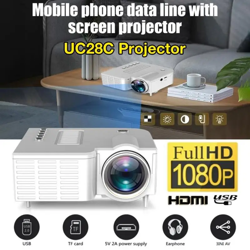 Lâmpada de Cinema em Casa Mini Projetor Alto-falante Embutido 20000 Horas Led Telefone Conectar hd Vídeo Beamer Uc28c 16.7 m 2 Sistema de conferência
