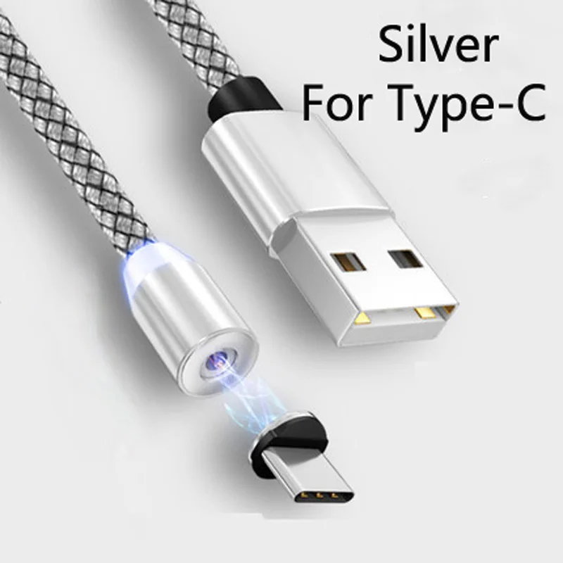 Магнитный usb-кабель для быстрой зарядки A, Тип C, микрокабель, светодиодный, Нейлоновый, тип-c, Магнитный зарядный кабель для iPhone XS, XR, X, samsung, LG - Цвет: Silver For Type-C