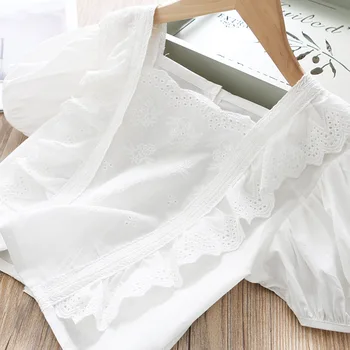 

2020 Summer Girl's Solid Color Lace Square Collar Shirt Children's Loose White Shirt