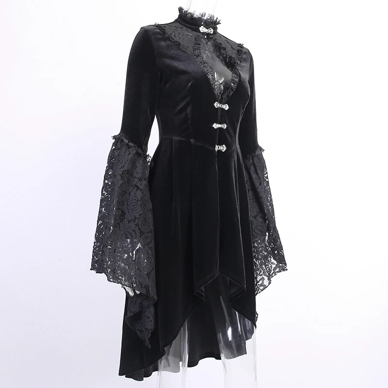 InsGoth винтажное Черное женское бархатное платье в готическом стиле элегантное Открытое платье кружевное Лоскутное Сексуальное мини женское вечернее платье