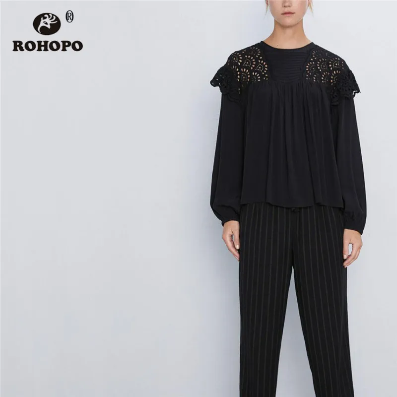

ROHOPO Round Collar Long Sleeve Autumn Black Blouse Butterfly Shoulder Embroidery Back Bottons Closure Pullover Tops Shirt #9424