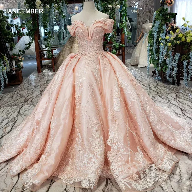 HTL154G2 Pink Bride Dress Party Brush Train Off Shoulder Sweetheart Crystal Lace Evening Gown Dresses Kleider Damen Abendkleid 1