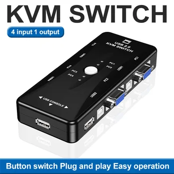 

USB KVM VGA Switcher 4 Ports USB 2.0 KVM Switch Box Adapter One-Button Swapping For Computer, Keyboard, Mouse, Scanner, Printer
