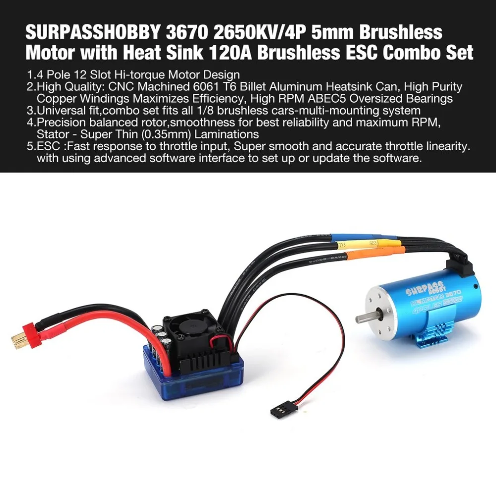 

NEW SURPASSHOBBY 3670 2650KV/4P 5mm Brushless Motor with Heat Sink 120A Brushless ESC Combo Set for 1/8 RC Car Toys Spar