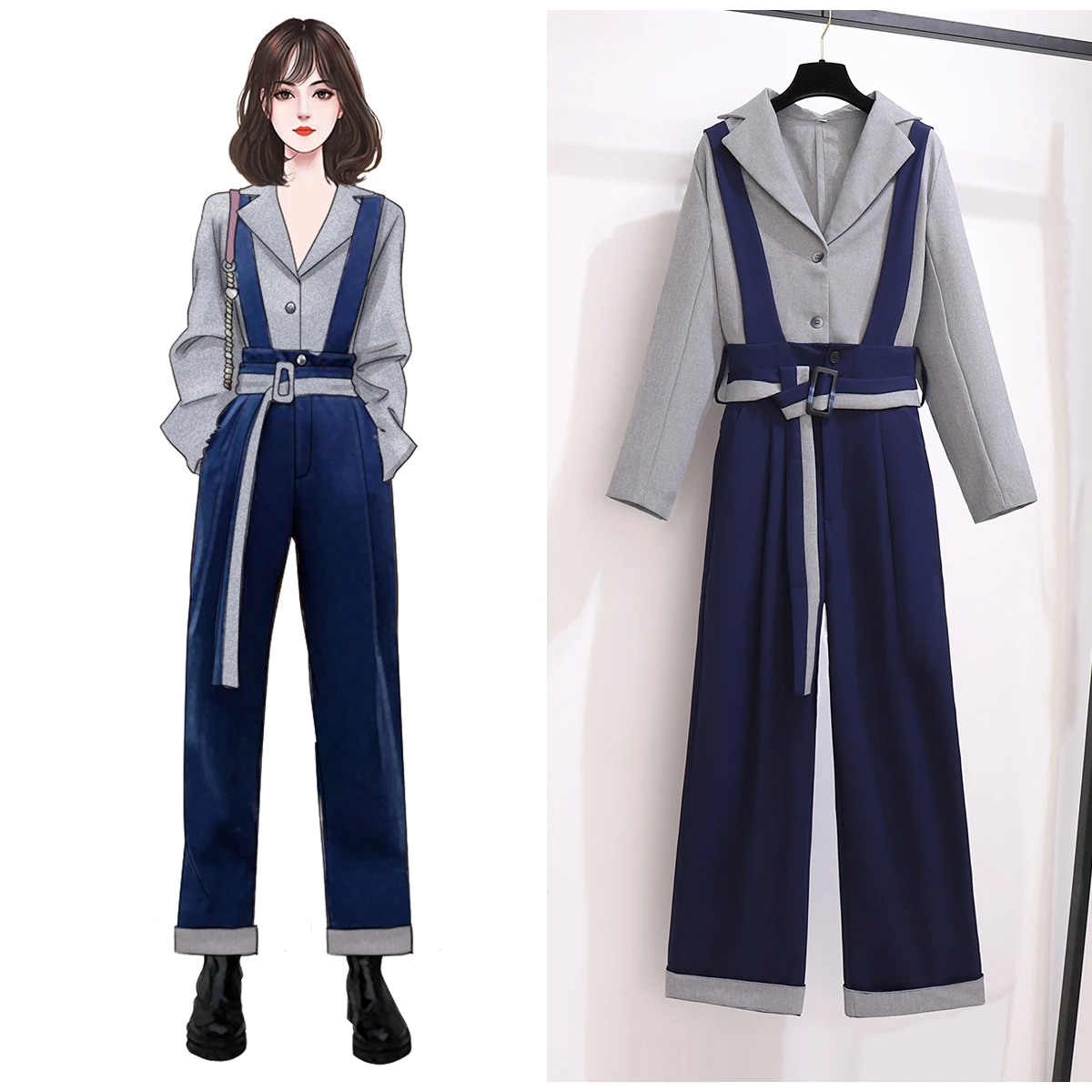 

Autumn Women Business Suit Loose Coat Big Jacket Suspenders Pants Two-Piece Clothing Set Office Lady Outfit Casual Top Quality
