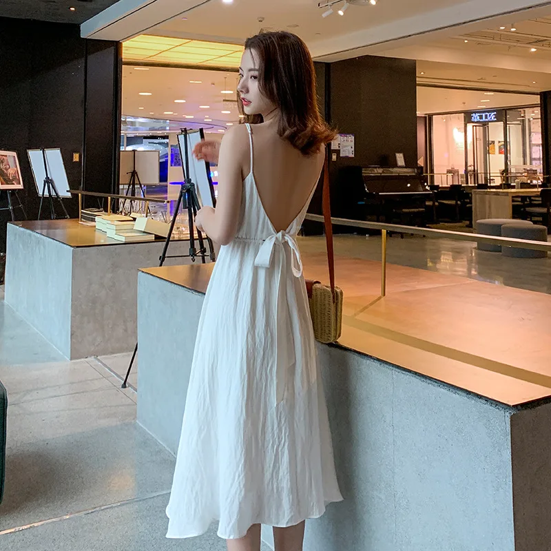 

Backless Camisole White Elegant Seaside Vacation Style Fairy Long Skirts Dress Summer