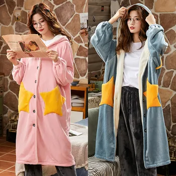 

Autumn and Winter New Coral Velvet Silk Robes Star Stitching Nightgown Women Long-sleeved Cardigan Homewear Pijama Femme Hiver