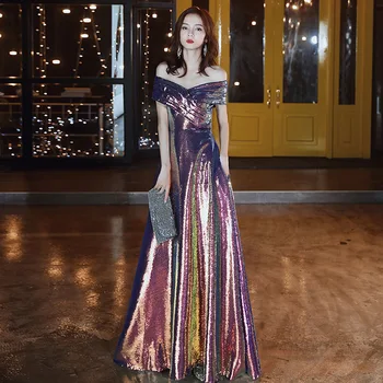 

Elegant Colorful Sequin Long prom Evening Dresses 2019 Off the Shoulder Wedding Formal party Gowns Srobe de soiree