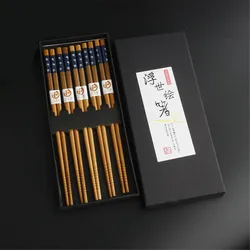 5 Pair Of Japanese Style Bamboo Chopsticks Set With Gift Box Durable Non-slip Sushi Noodles Food Chop Sticks Reusable Tableware