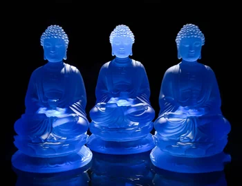 

8.3" Chinese Blue Resin Buddhism Shakyamuni Amitabha Tathagata Buddha Statue Set