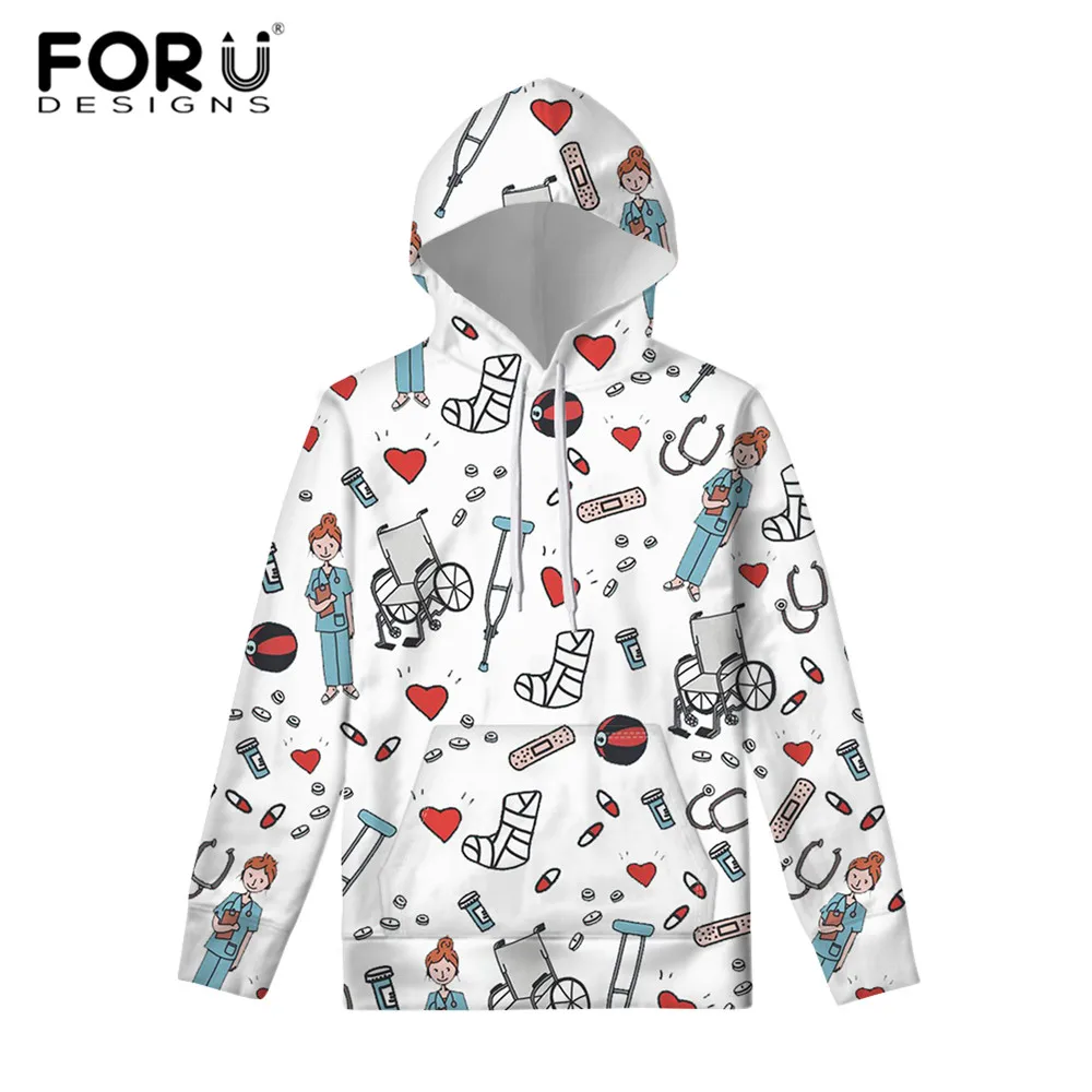FORUDESIGNS/ женские толстовки в повседневном стиле мультяшный эскиз физио принт медсестры джемпер с капюшоном пуловер Топ Леди Топы Зимняя одежда
