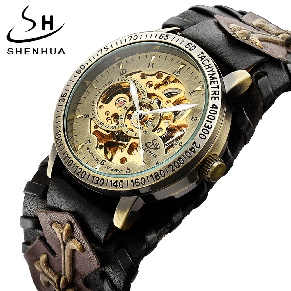 Antique Men Automatic Mechanical Watch Skeleton Dial Vintage Gothic Clock Steampunk Self Winding Watches Brown Rock Reloj Hombre antique clock men s wooden wristwatch automatic mechanical watch skeleton watches roman number display full natural wooden strap