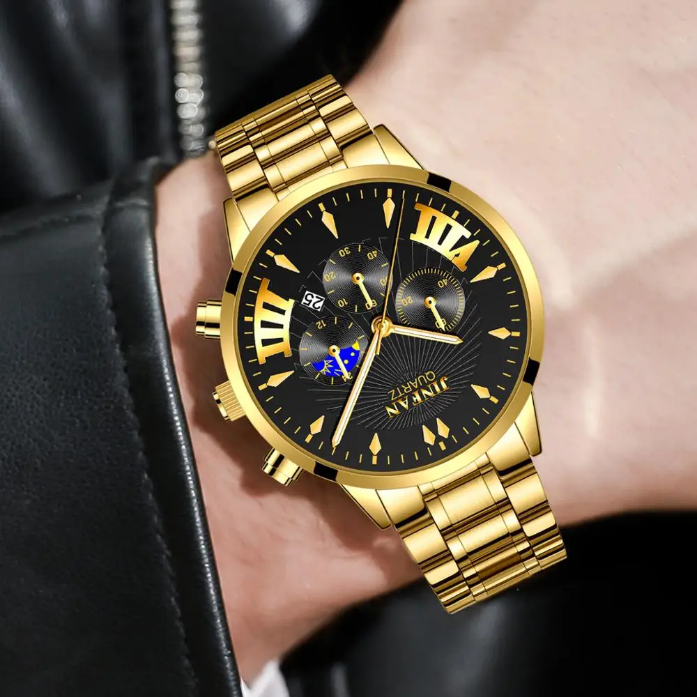 

2020 New Stylish Men's False Three Eyes Quartz Clock Steel watchband Calendar Waterproof Watches relogio masculino